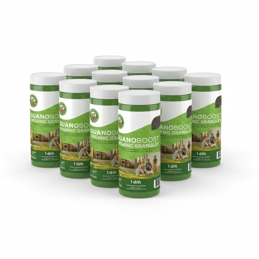 Multiple containers of GuanoBoost Organic Granules on a white background