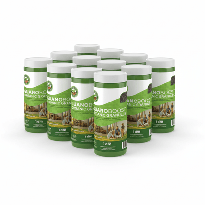 Multiple containers of GuanoBoost Organic Granules on a white background