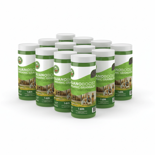 Multiple containers of GuanoBoost Organic Granules on a white background