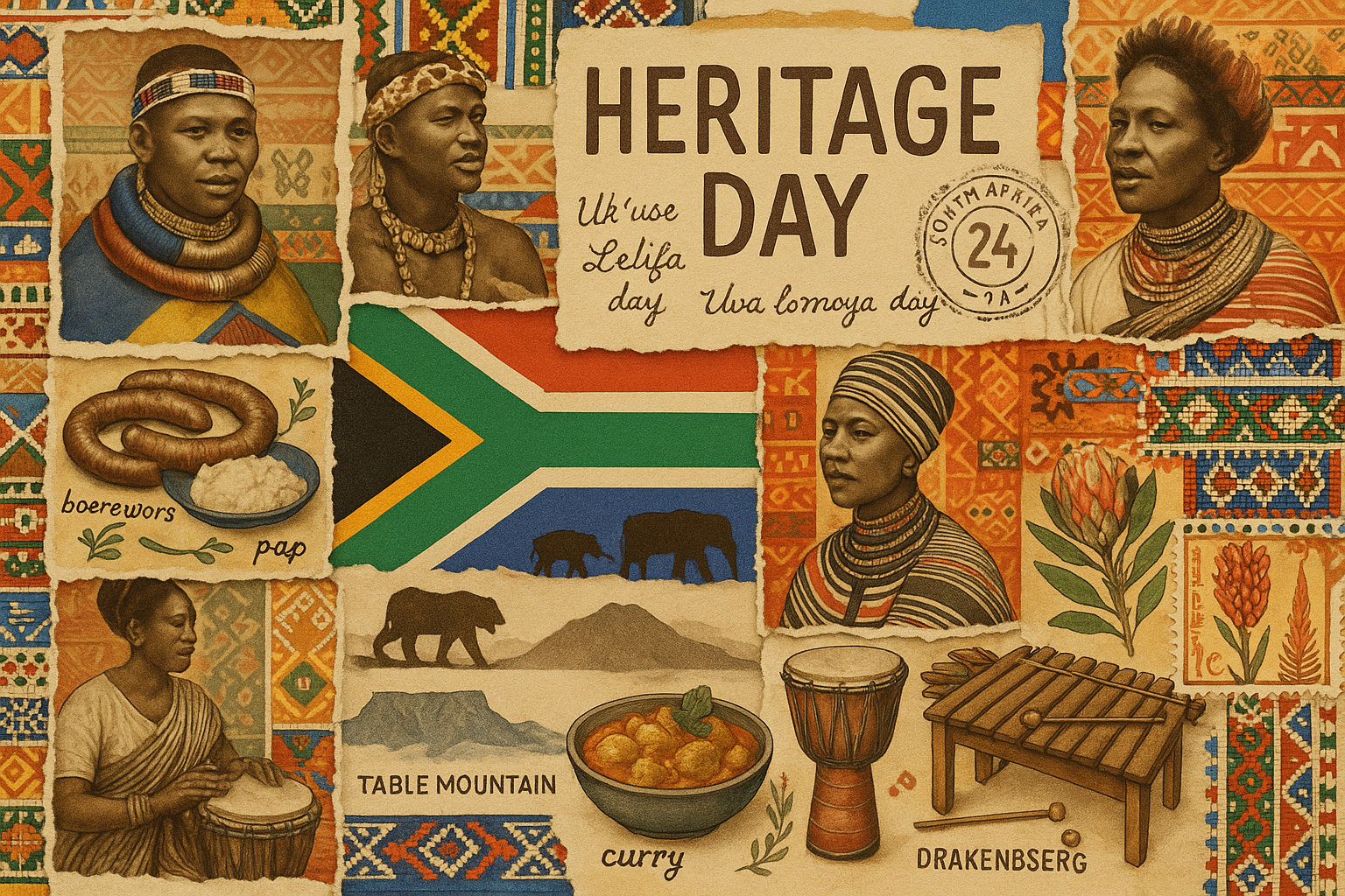 Heritage Day collage with South African symbols and people