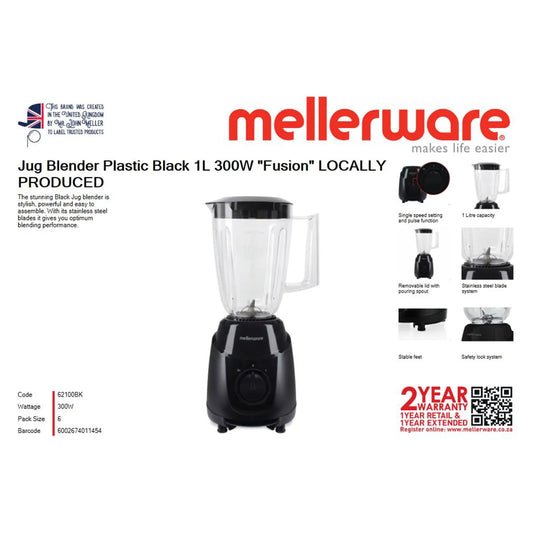 MELLERWARE BLENDER JUG PLASTIC 1L 300W BLACK