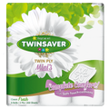 Twinsaver toilet paper package with a white flower on a green background