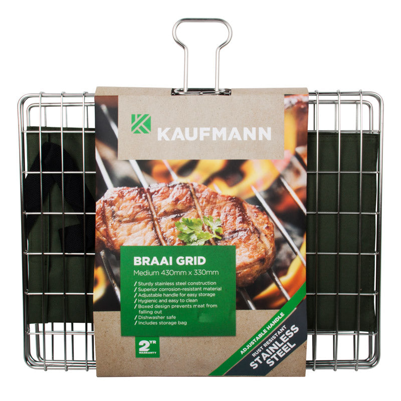 Packaging for the Kaufmann Adjustable Stainless Steel Braai Grid, showing the product and a medium-sized stainless steel grid with a handle and a black carry bag.