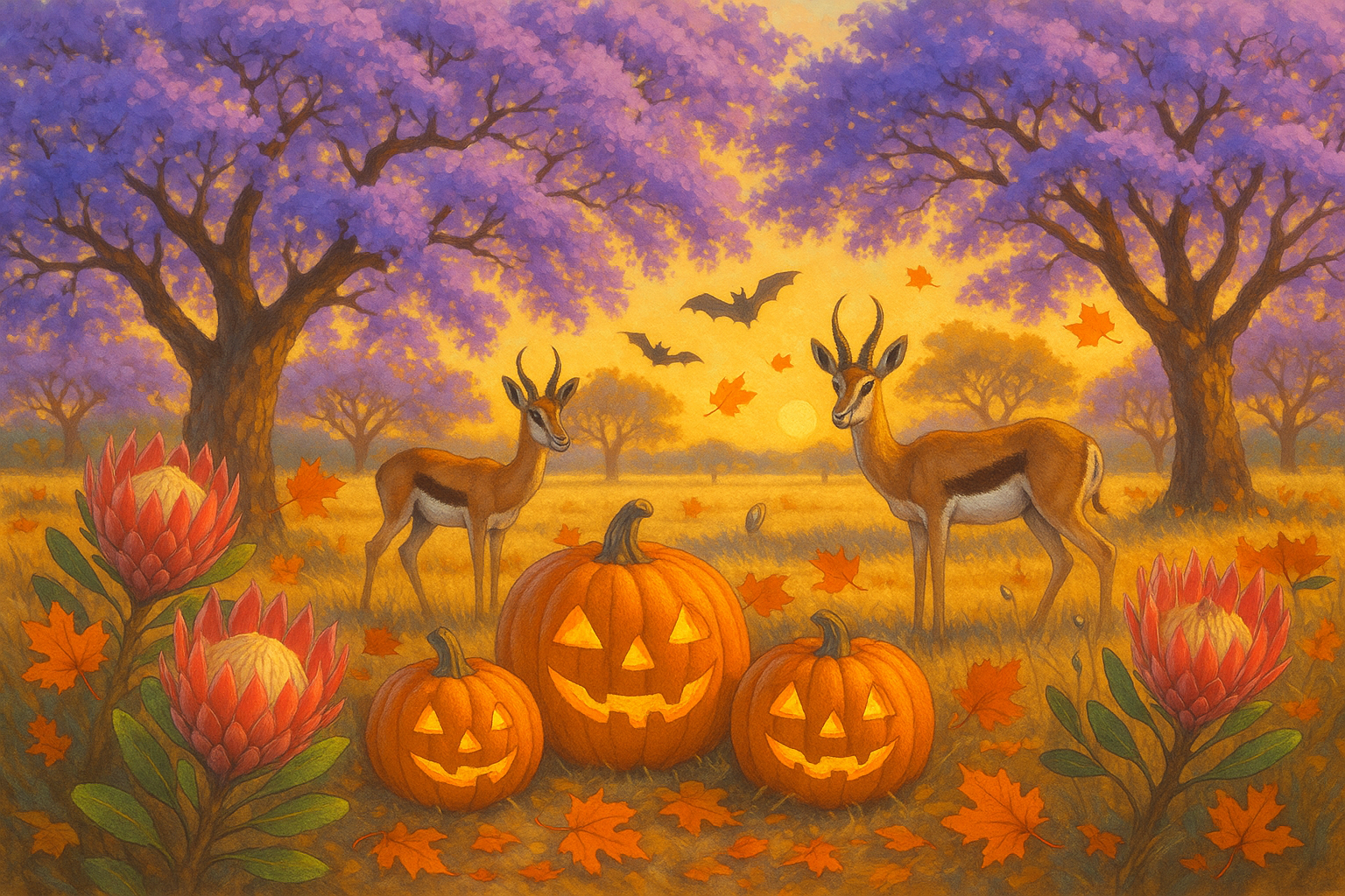 Halloween-themed scene with jack-o'-lanterns, deer, and pumpkins in a fantasy landscape.
