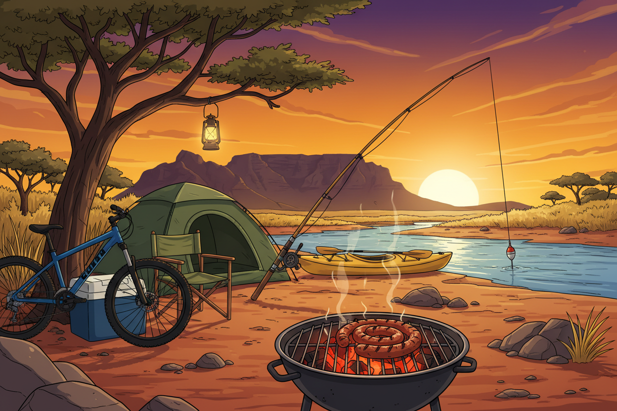 Outdoors scene with grill, tent, kayak, and bicycle by a lake at sunset.