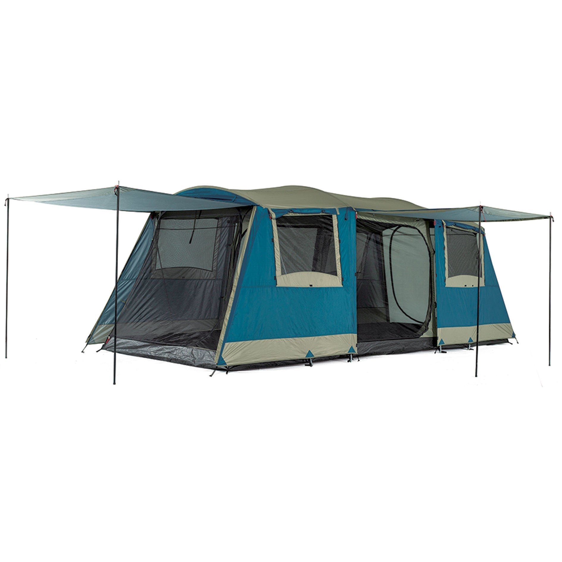 OZtrail Bungalow 9-Person Tent | 3-room cabin layout with near-vertical walls | family camping setup