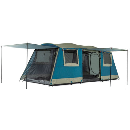 OZtrail Bungalow 9-Person Tent | 3-room cabin layout with near-vertical walls | family camping setup