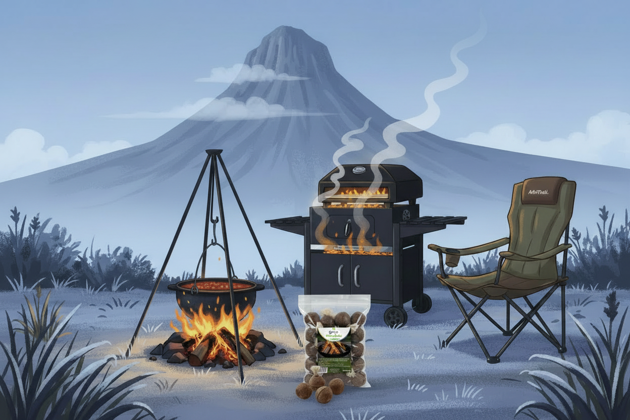 Camping scene with grill, pizza oven, chair, and gro+ Eco-Balls Firelighters against a mountain backdrop