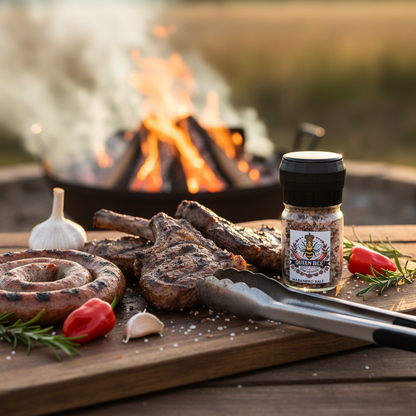 Grilled meat with spices and a bottle of Queen Bee Chilli Creations Habanero Salt 250ml on a wooden board with a campfire in the background.