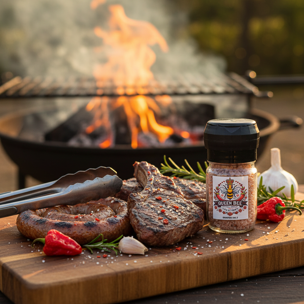 Grilled meat with Queen Bee Chilli Creations Reaper Salt on a wooden board in front of a grill