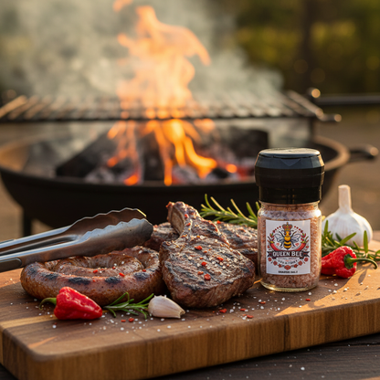 Grilled meat with Queen Bee Chilli Creations Reaper Salt on a wooden board in front of a grill