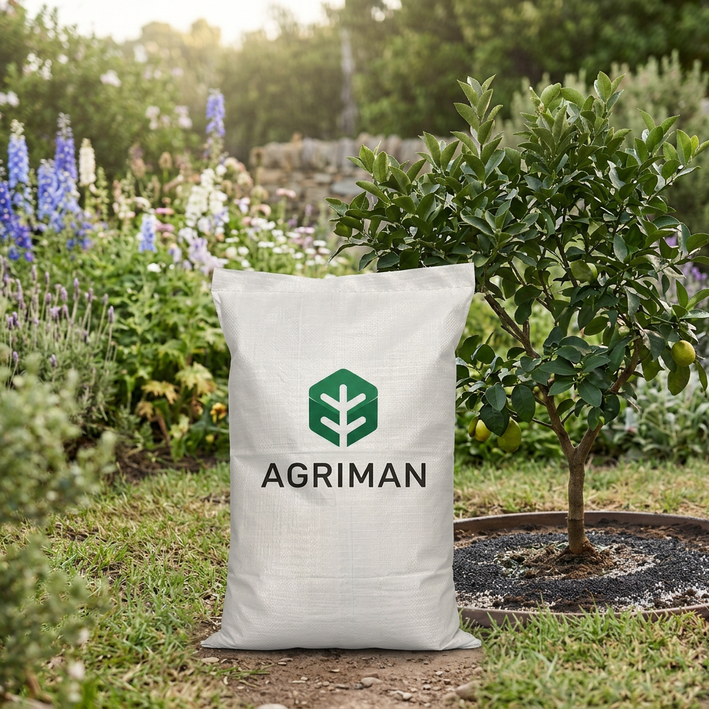 A white Agriman  organic granular fertiliser bag stands on grass in a garden setting next to a small tree.