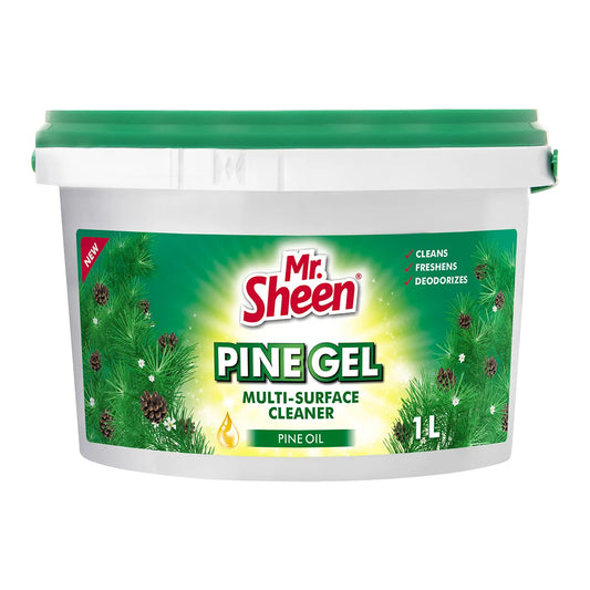 Mr. Sheen Pine Gel multi-surface cleaner container with green lid and label on a white background