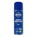 A blue aerosol can of Repel insect repellent with white and green text detailing the product name and features.