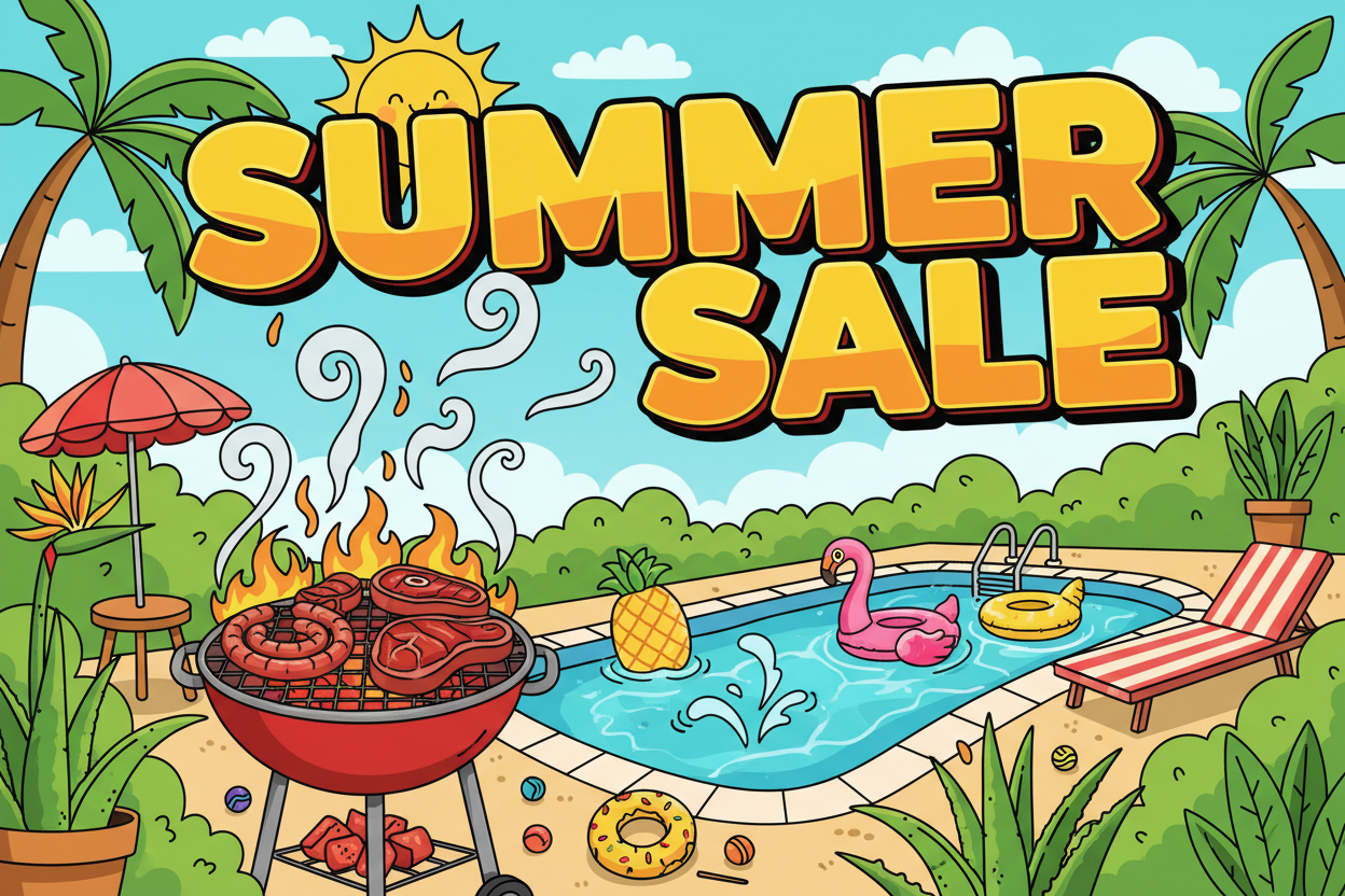 Summer sale advertisement with pool, grill, and palm trees