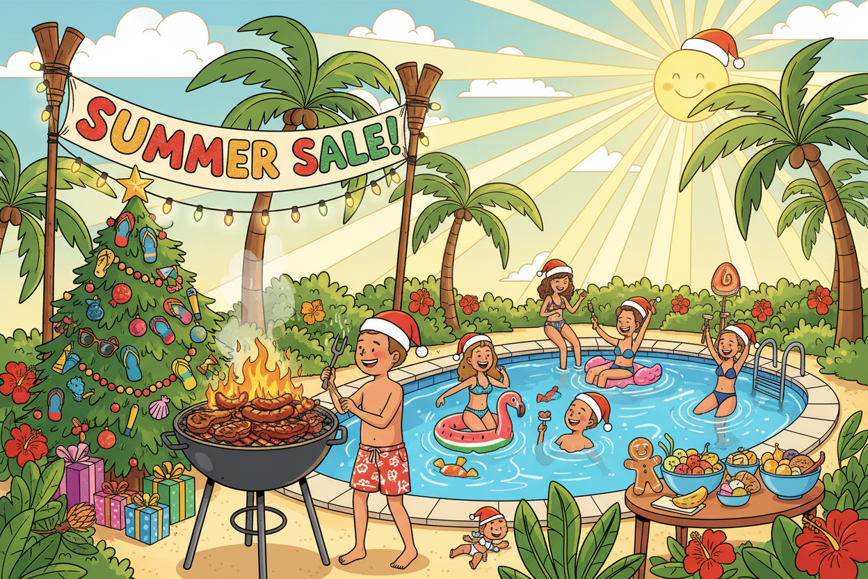 Cartoon scene of a summer sale with children around a pool and Christmas decorations.