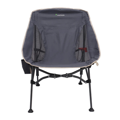 Gray camping chair with black legs on a white background