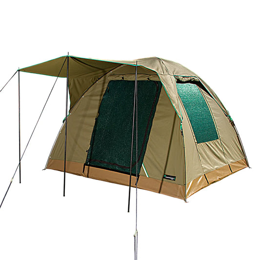 Brown and green camping tent with mesh door on a white background