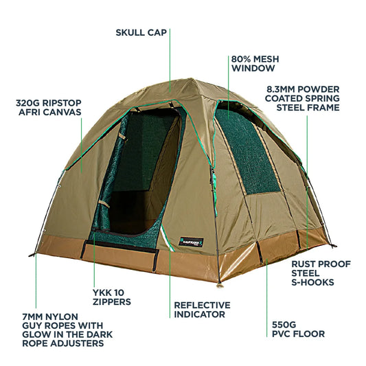 Camping tent with feature labels on a white background