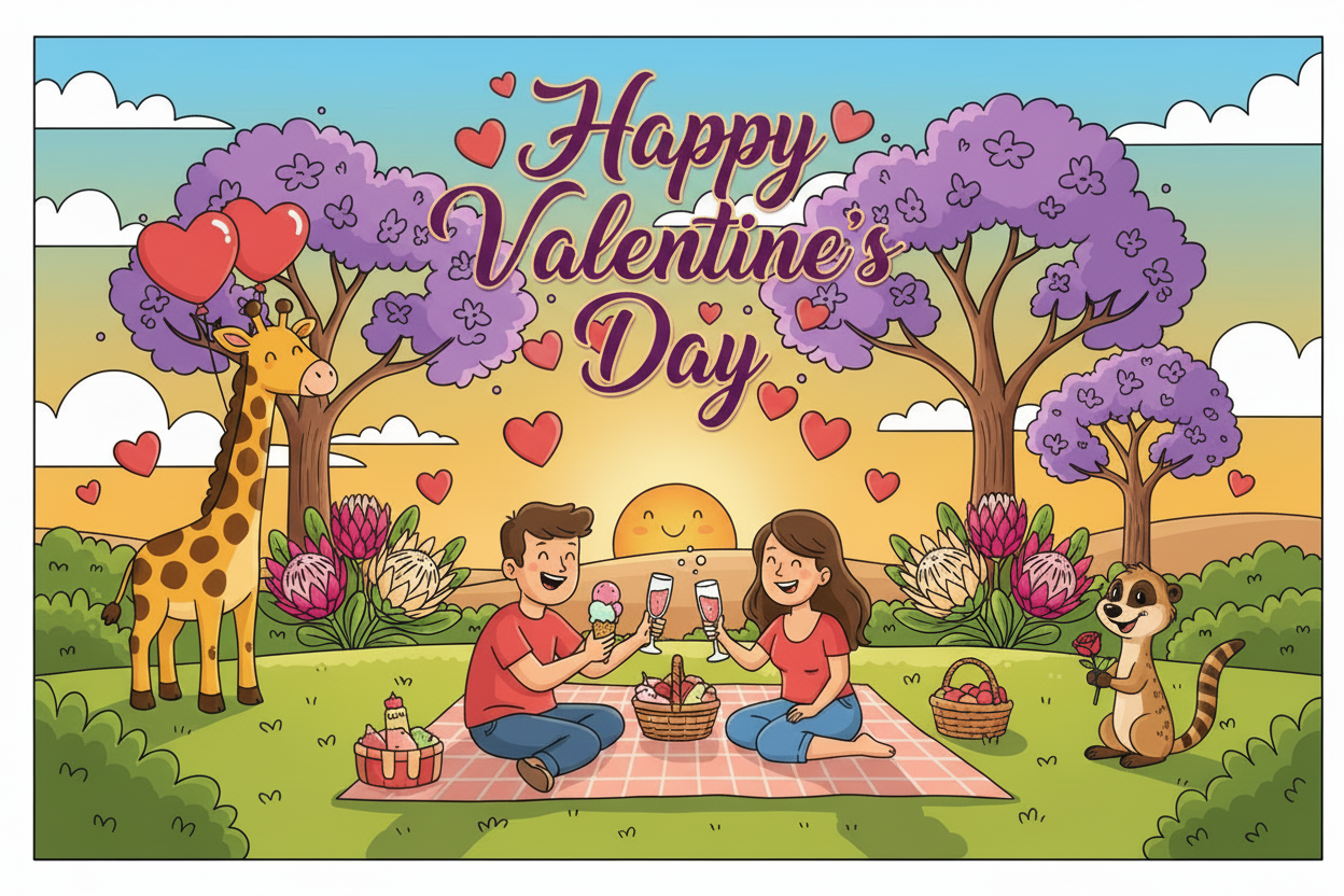 Valentine's Day illustration of a couple having a picnic with a giraffe and meerkat, surrounded by flowers and hearts.