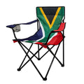 A foldable camp armchair with a frame resembling the South African flag colors.