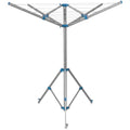 A collapsible 4-arm rotary clothes line with a wide base and metal screw down pegs, primarily in gray and blue colors.