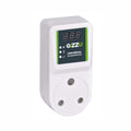 A white Gizzu Universal Voltage Protector Plug with a digital display showing voltage levels and branding on the front.