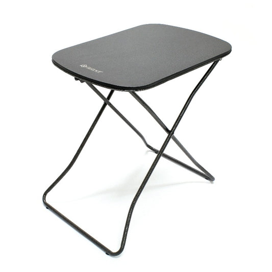 A black OZtrail Ironside Solo Table, a portable camping table with a steel frame and a grey tabletop.