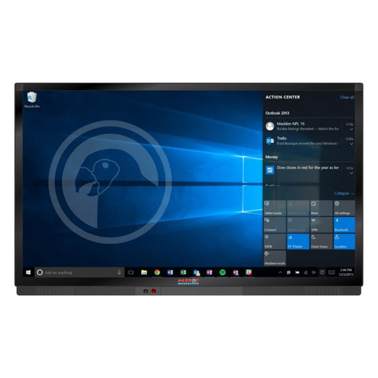 A Parrot Interactive 4K Touch Presentation Panel with a blue screen displaying Windows 10 interface, including a touch screen and a bezel surrounding the display.
